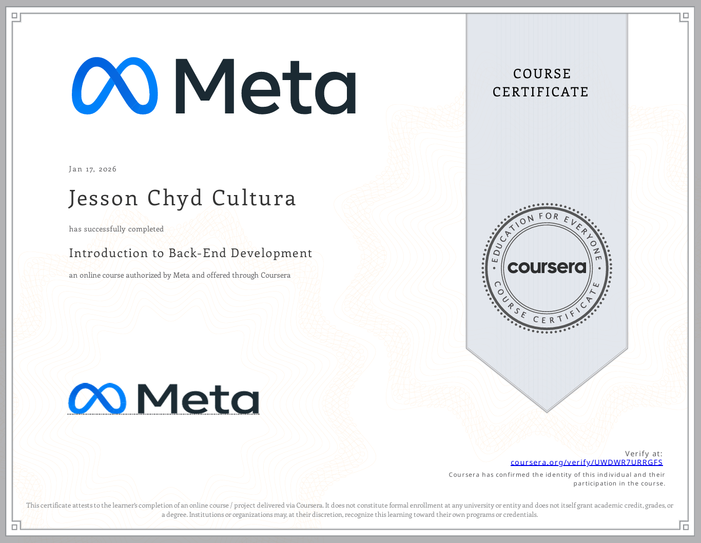 Meta Certificate Format Jesson Cultura - Software Developer